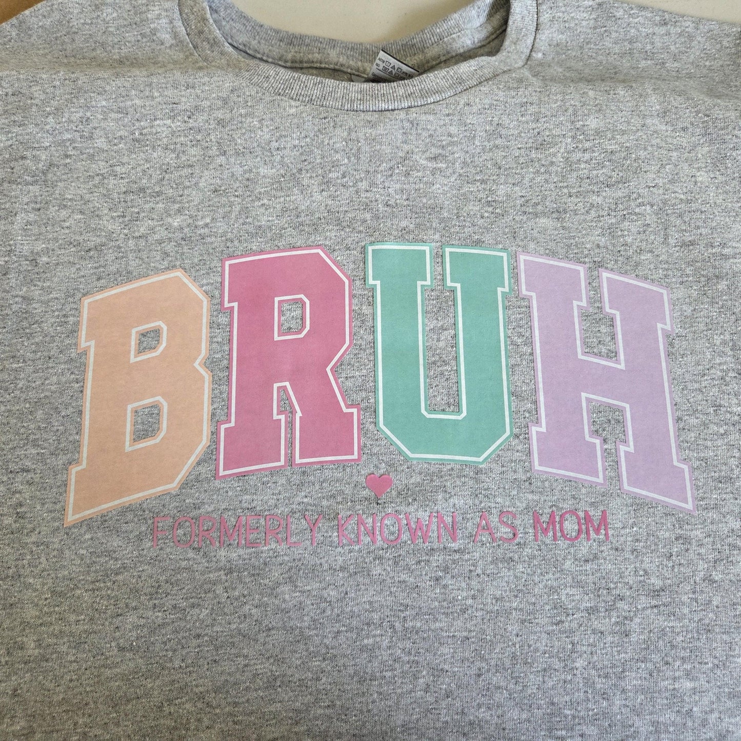 Funny Mom Life T-Shirt - "BRUH Formerly Known As Mom" Shirt - Pastel Retro Varsity Graphic Tee - Women's Large Heather Grey