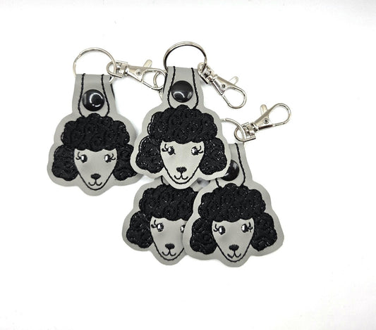 One Poodle Head Keychain – Black & Grey or White & Pink Embroidered Snap Tab