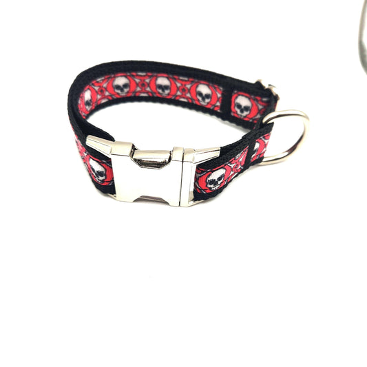Red Skull & Crossbones Dog Collar – 1 inch Wide | Multiple Styles and Sizes Available