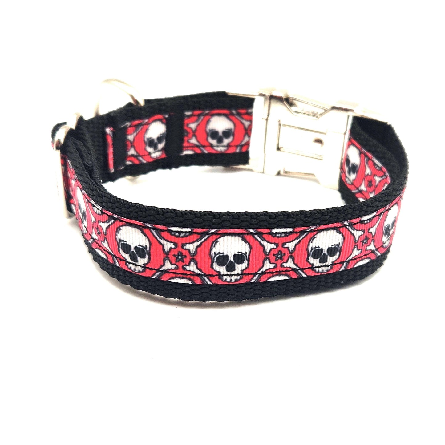 Red Skull & Crossbones Dog Collar – 1 inch Wide | Multiple Styles and Sizes Available