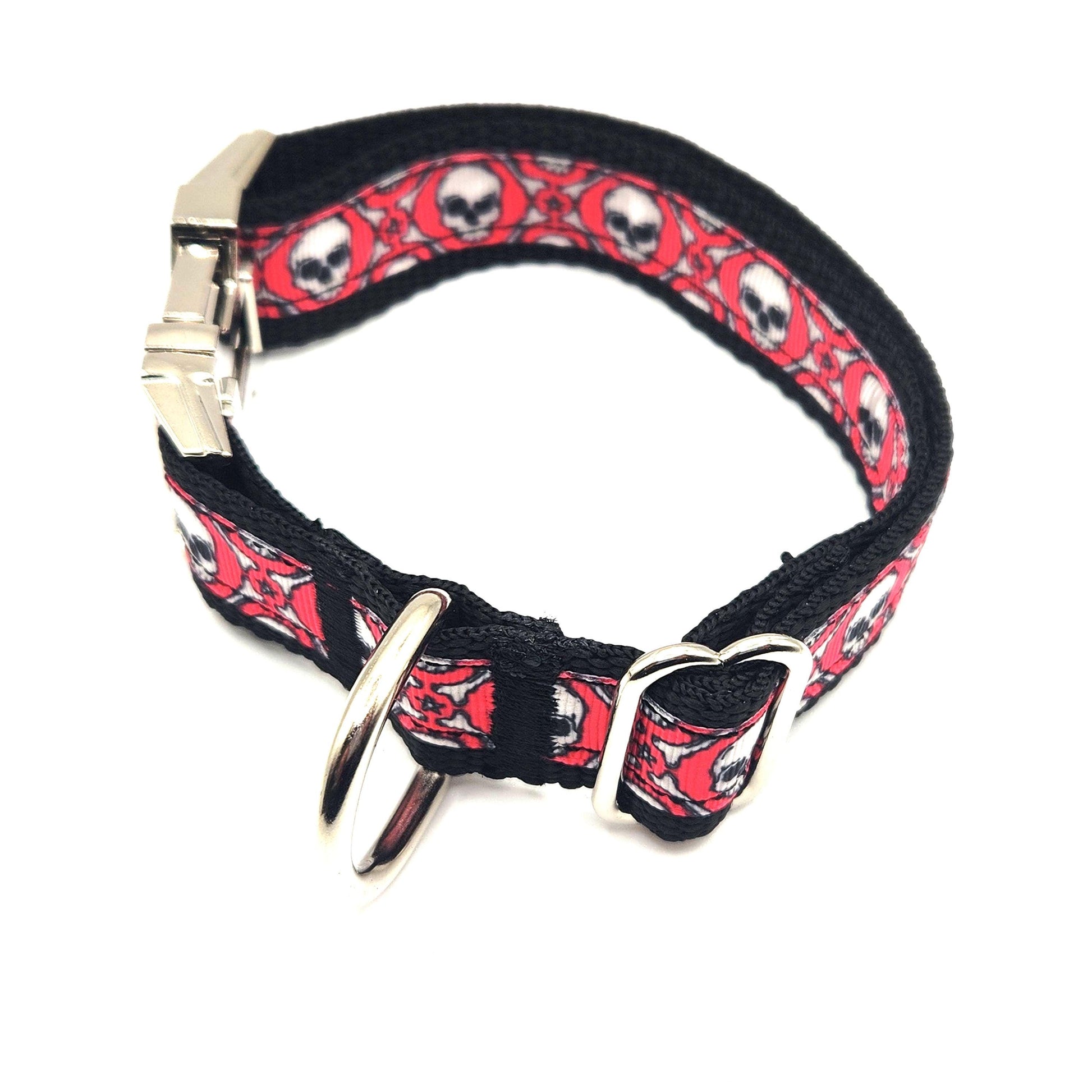 Red Skull & Crossbones Dog Collar – 1 inch Wide | Multiple Styles and Sizes Available