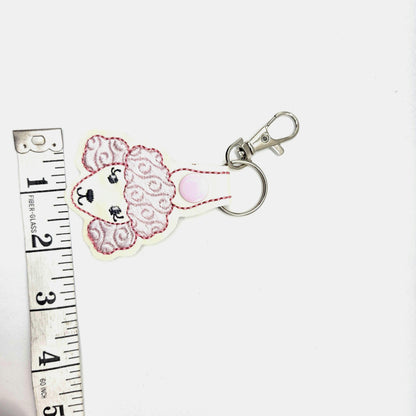 Poodle Head Keychain – Pink & Ivory Embroidered Snap Tab
