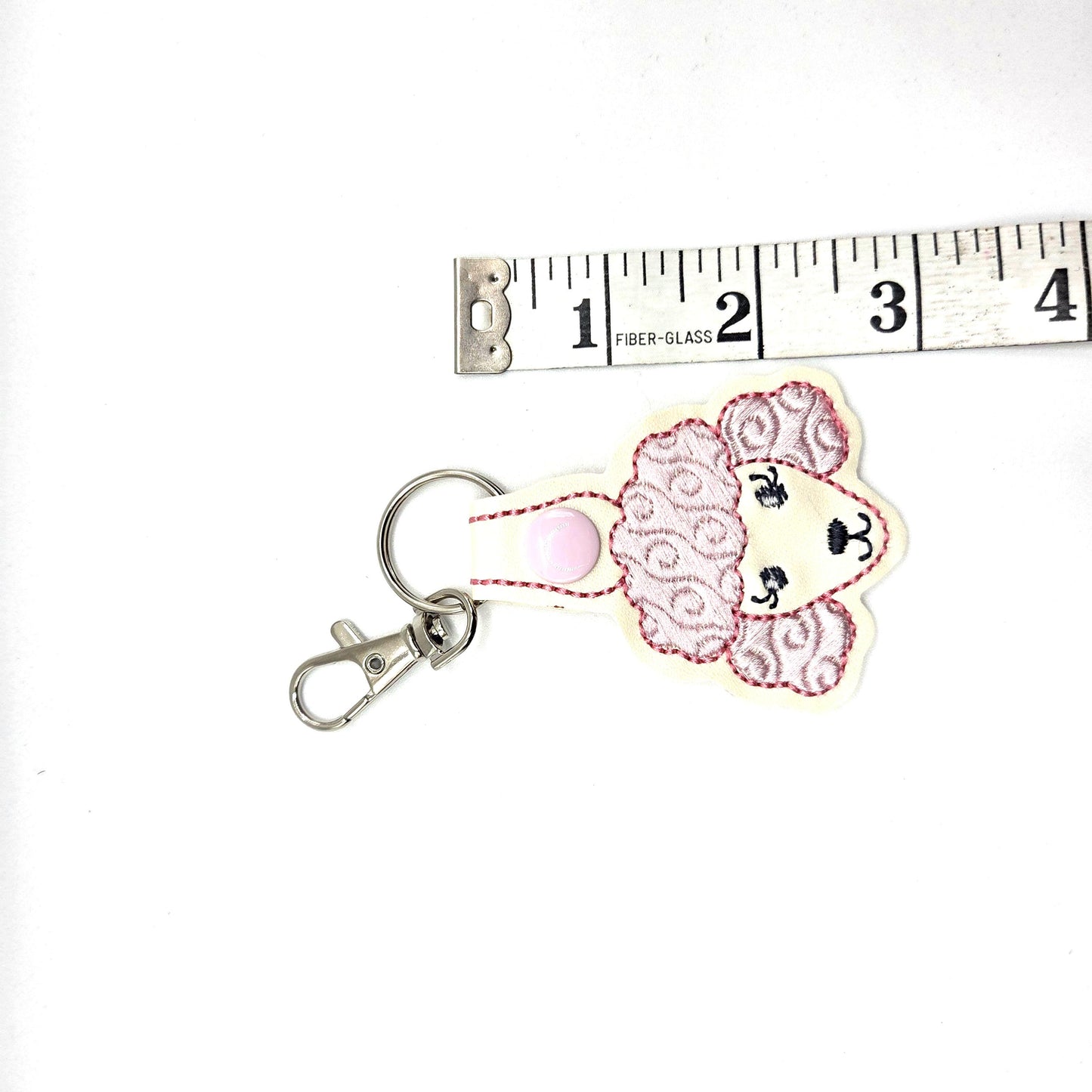 Poodle Head Keychain – Pink & Ivory Embroidered Snap Tab