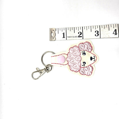 Poodle Head Keychain – Pink & Ivory Embroidered Snap Tab