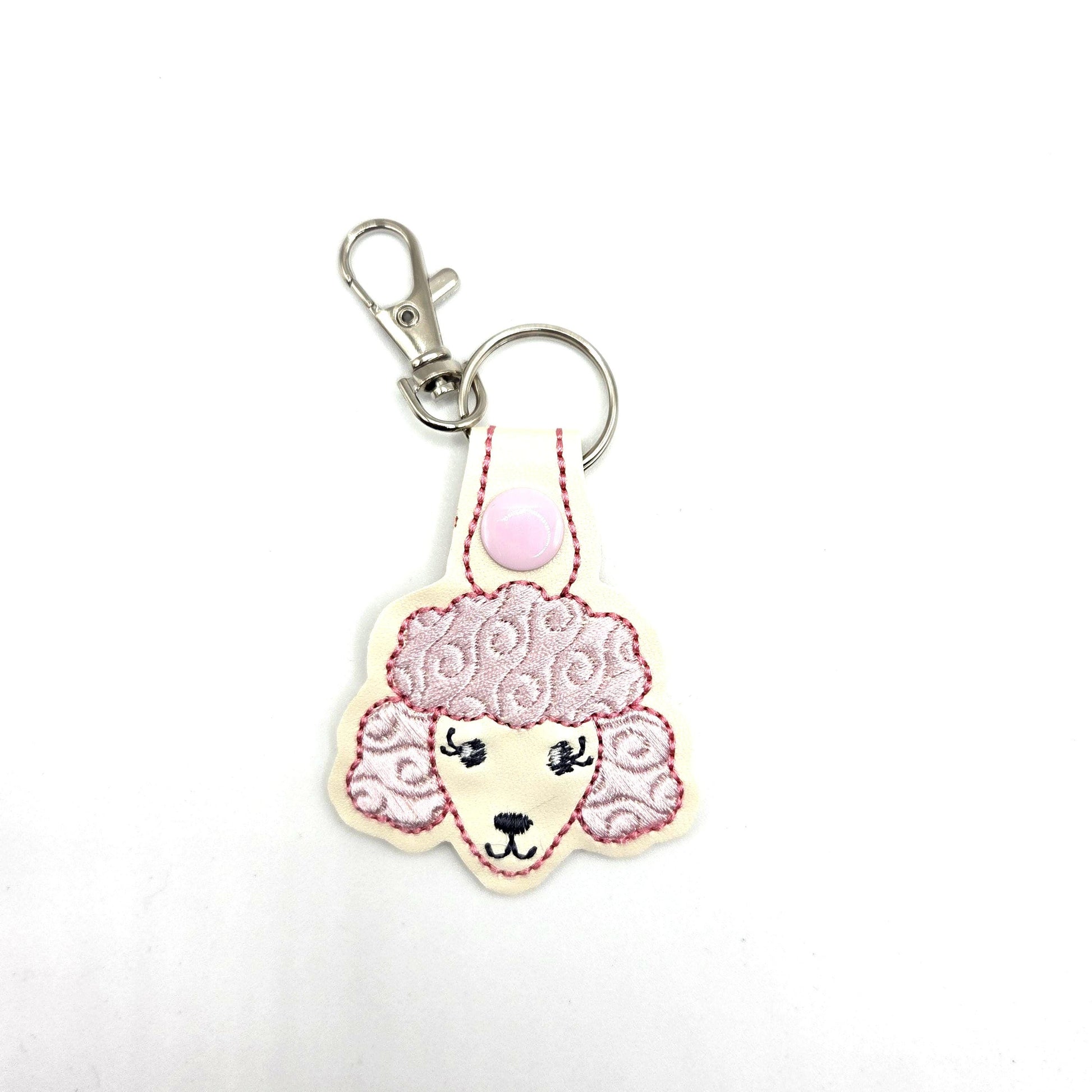 Poodle Head Keychain – Pink & Ivory Embroidered Snap Tab