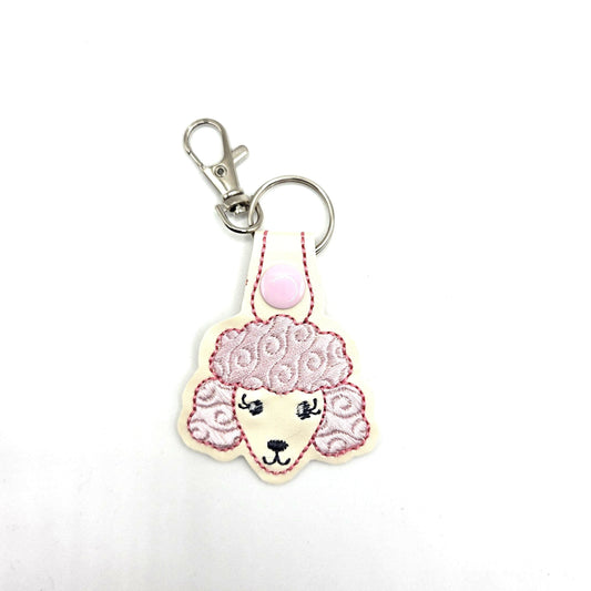 Poodle Head Keychain – Pink & Ivory Embroidered Snap Tab