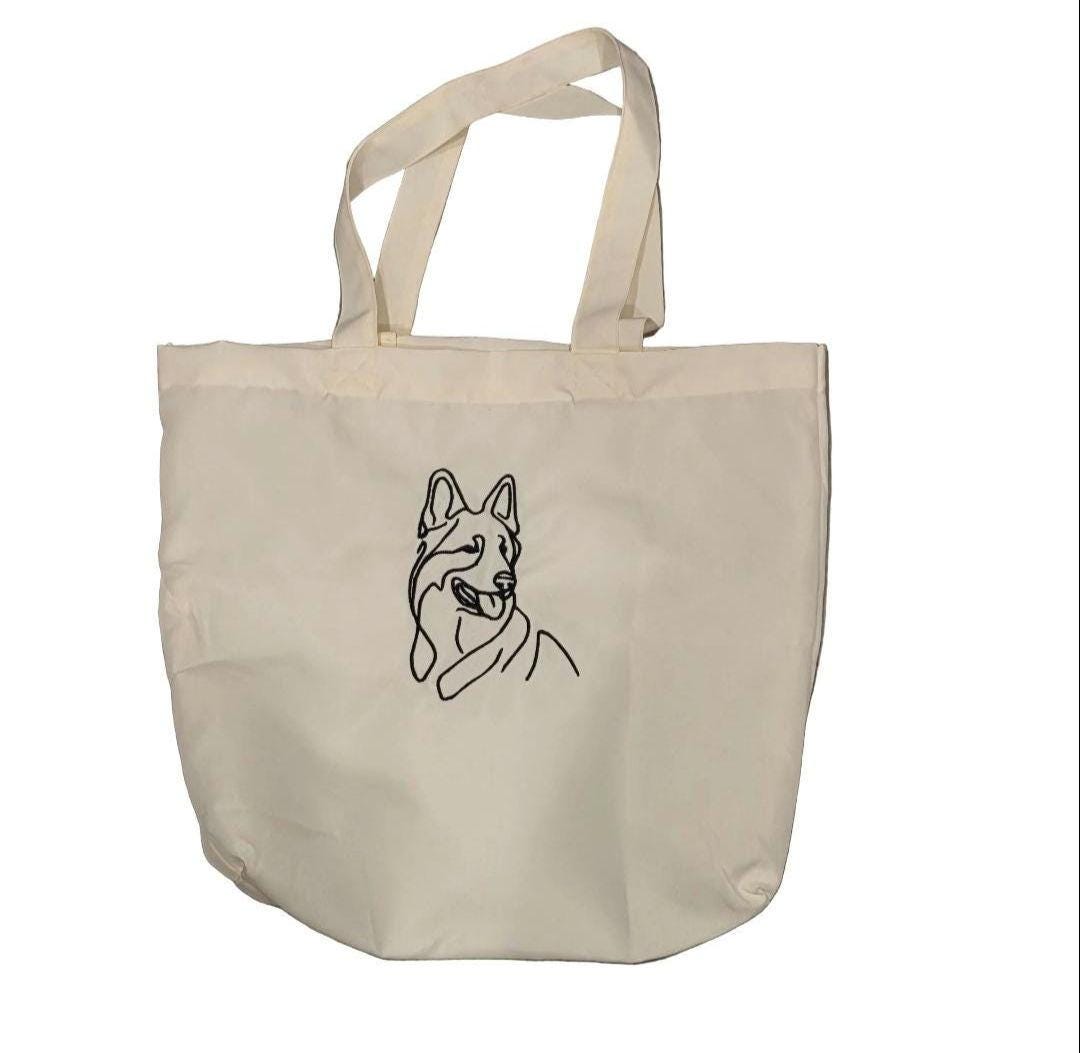 German Shepherd Embroidered Canvas Tote Bag, Minimalist Line Art