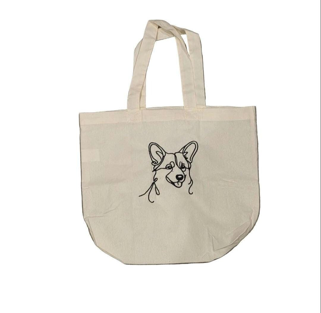 Corgi Embroidered Canvas Tote Bag, Minimalist Line Art