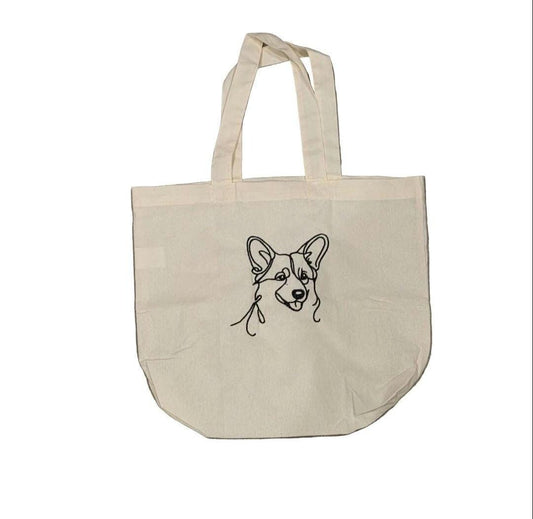 Corgi Embroidered Canvas Tote Bag, Minimalist Line Art
