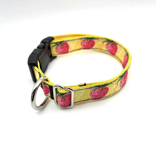 Strawberry Lemonade Dog Collar | Yellow Summer Fruit Print | 13"–22"