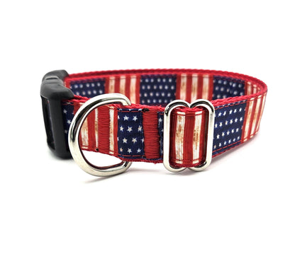 Vintage American Flag Dog Collar | Patriotic Rustic Stars and Stripes | Hunting & Sporting Dog Gear | Adjustable 13-21 Inches