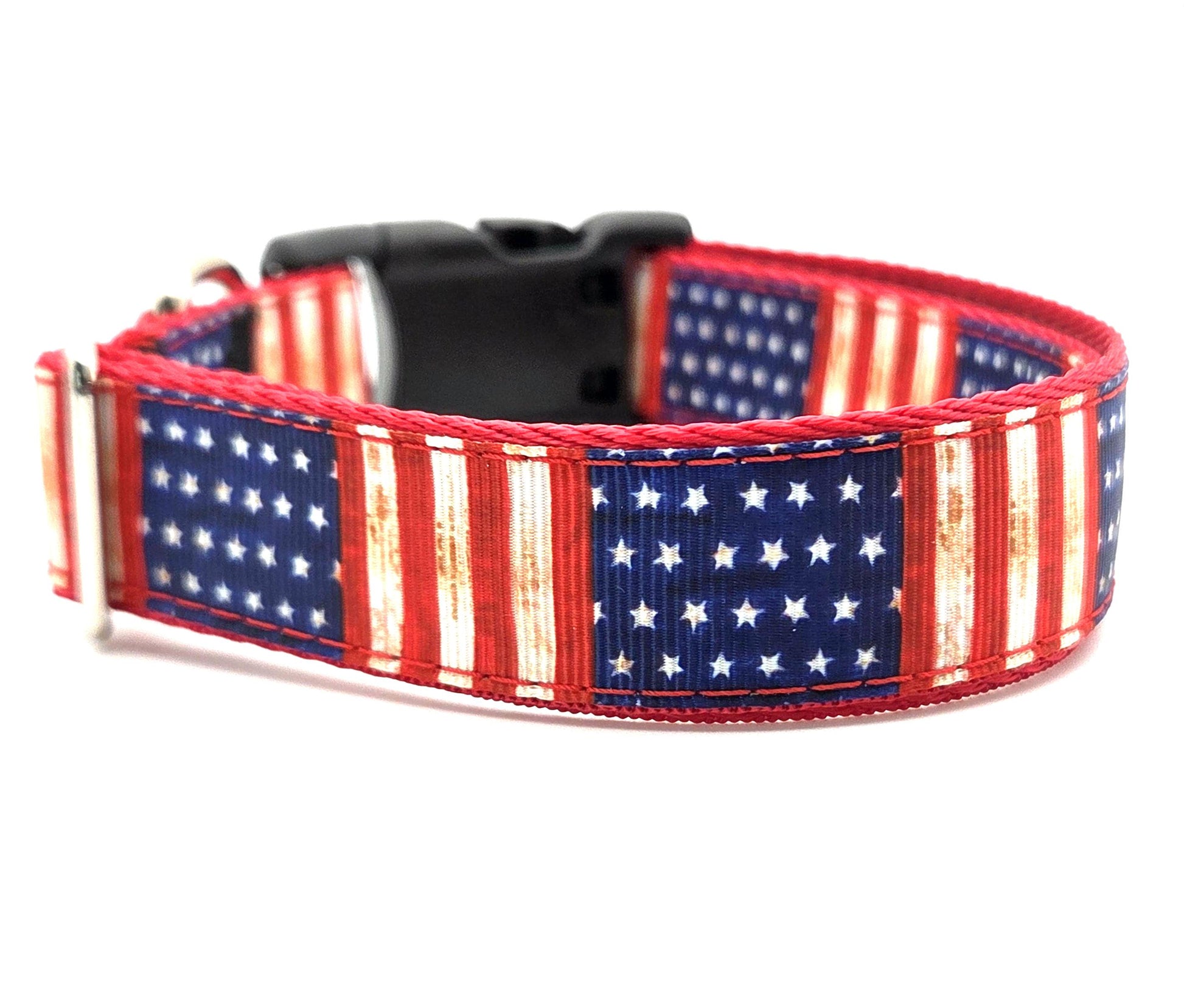 Vintage American Flag Dog Collar | Patriotic Rustic Stars and Stripes | Hunting & Sporting Dog Gear | Adjustable 13-21 Inches