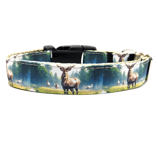 Whitetail Deer Buck Dog Collar - Handmade Wilderness Scene - 1 Inch Wide Adjustable - Gift for Hunters & Outdoorsmen