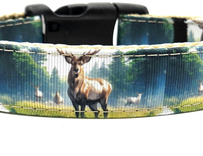 Whitetail Deer Buck Dog Collar - Handmade Wilderness Scene - 1 Inch Wide Adjustable - Gift for Hunters & Outdoorsmen
