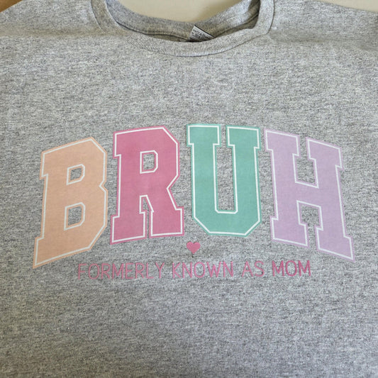 Funny Mom Life T-Shirt - "BRUH Formerly Known As Mom" Shirt - Pastel Retro Varsity Graphic Tee - Women's Large Heather Grey