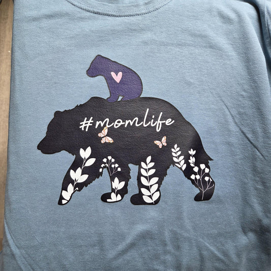 Mama Bear #MomLife T-Shirt - Floral Bear Silhouette Graphic Tee - Boho Motherhood Gift - Women’s XL Dusty Blue Cotton Shirt