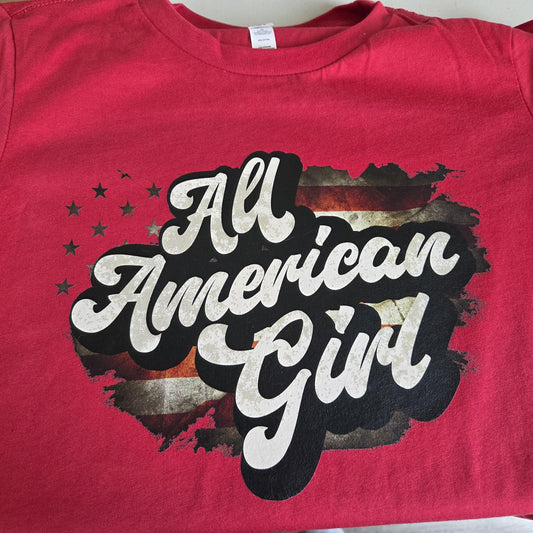 All American Girl T-Shirt - Retro Patriotic Graphic Tee - Vintage USA Flag Shirt - Women’s XL Red Cotton Top