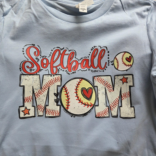 Softball Mom T-Shirt - Distressed Varsity Graphic Tee - Sports Mom Game Day Gift - Women’s Medium Light Blue Cotton Shirt