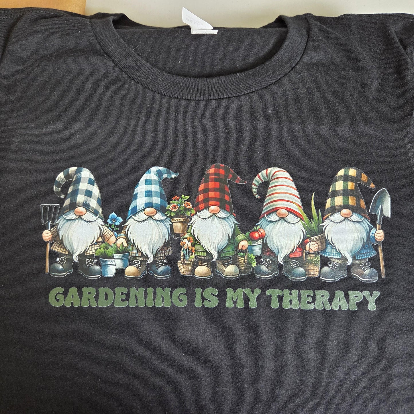 Gardening Is My Therapy T-Shirt - Garden Gnome Graphic Tee - Funny Gardener Gift - Women’s Medium Black Cotton Shirt