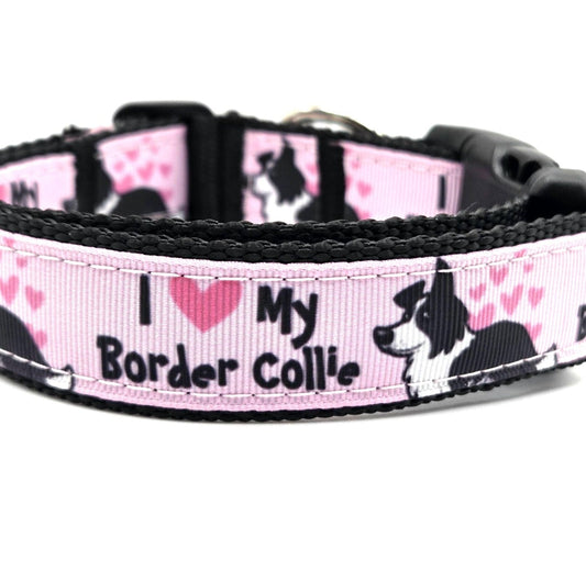 I Heart My Border Collie Dog Collar – Adjustable 13 to 20 Inches – 1 Inch Wide