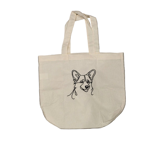 Corgi Embroidered Tote Bag, Pembroke Welsh Corgi Line Art Canvas Bag, Dog Breed Grocery Tote, Corgi Mom Gift, Minimalist Dog Art Bag