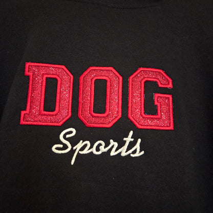 Custom Red Glitter Dog Sports Hoodie | Embroidered Varsity Sparkle Sweatshirt | Personalized K9 Athletics Apparel | Gift for Dog Trainers and Agility Handlers