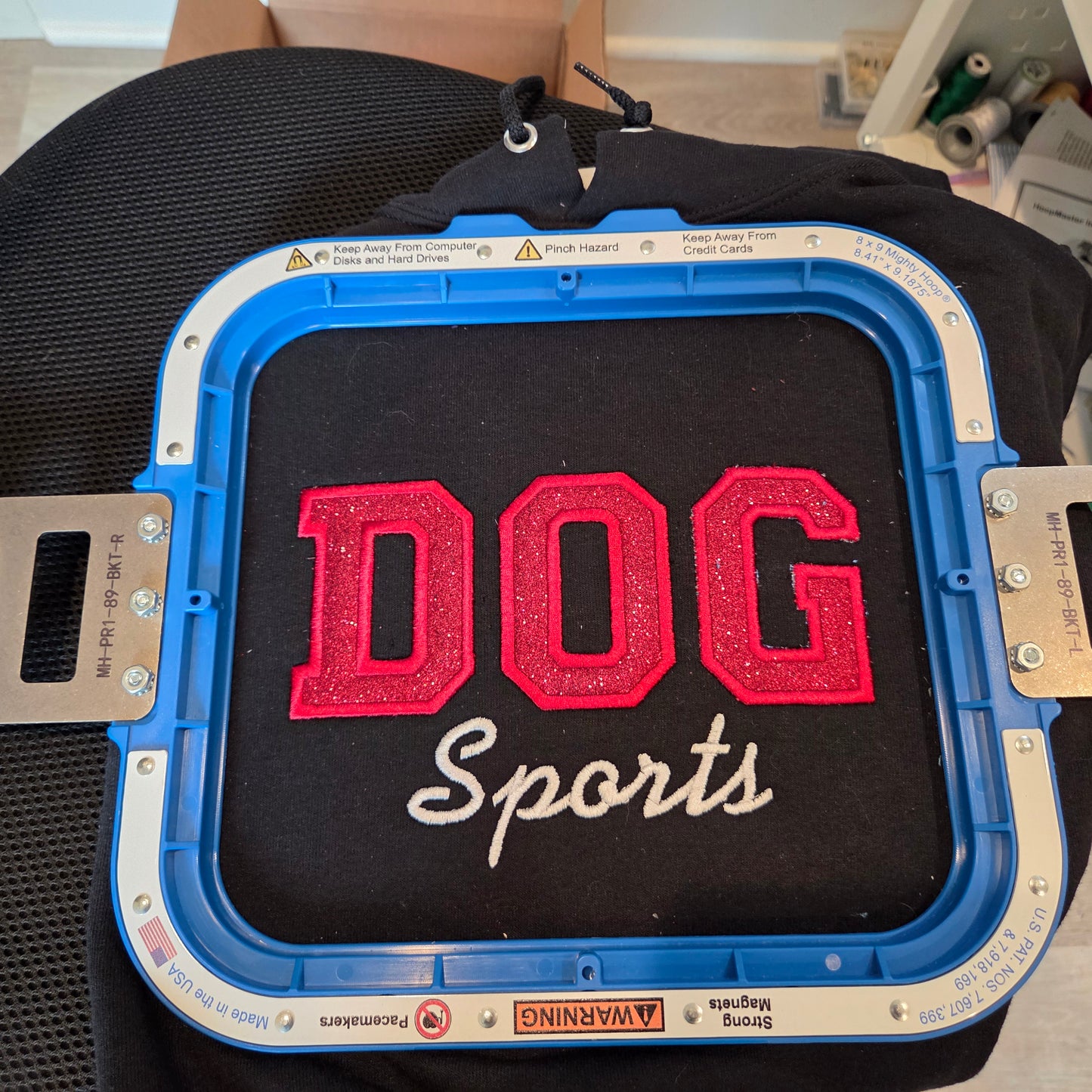 Custom Red Glitter Dog Sports Hoodie | Embroidered Varsity Sparkle Sweatshirt | Personalized K9 Athletics Apparel | Gift for Dog Trainers and Agility Handlers