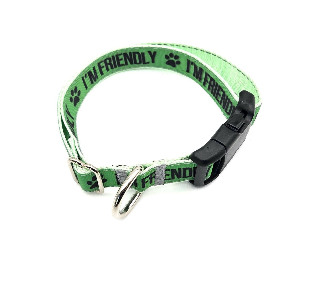 I'M FRIENDLY Dog Collar | Green Social Pet Gear, 14-21.5 Inches